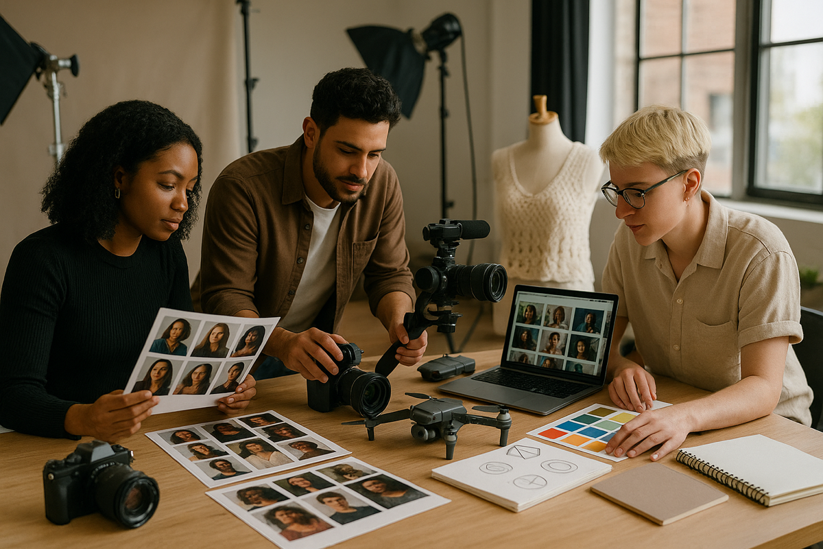 2024 top creative professionals collaborating in a sunlit studio. Photographer reviewing portrait prints, videographer setting a camera rig, and designer arranging color swatches on the table.
